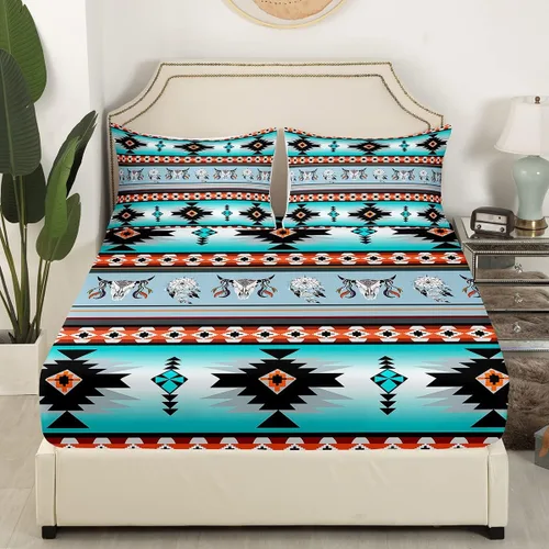 Vista 3 de Juego de ropa de cama de estilo bohemio occidental, tamaño individual, diseño de vaca atrapasueños, sábana bajera ajustable del suroeste, tribu