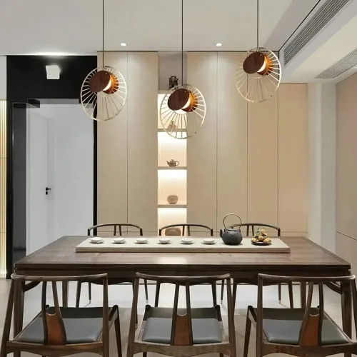 Vista 3 de Arte de madera de granja, decoración retro, ajustable, lámpara colgante de disco hueco, rústico, para cocina, isla de comedor, sala de estar