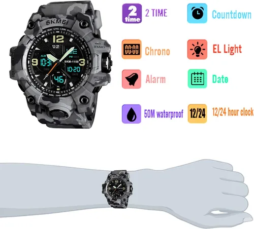 Vista 4 de Mens Analog Digital LED 50M Waterproof Outdoor Sport Watch Military Multifunction Casual Dual Display 12H24H Stopwatch Calendar Wrist Watch