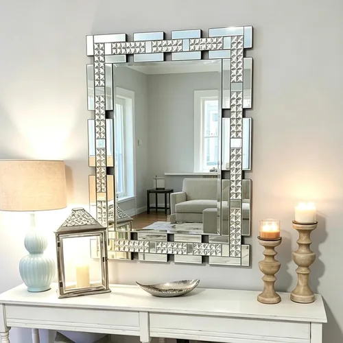 Vista 7 de Chende - Espejo de pared decorativo de 36 x 24 pulgadas con marco incrustado de cristal real, espejo de tocador HD sin plomo para sala de estar