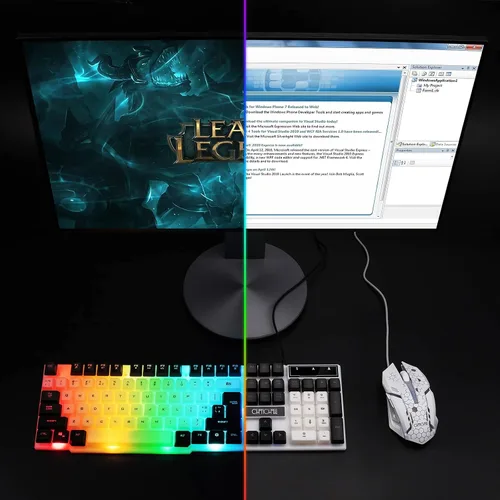 Vista 7 de CHONCHOW Combo de teclado y mouse para juegos, arco iris, retroiluminado, luz ambiental, caracteres iluminados, USB con cable, ratones, compatible