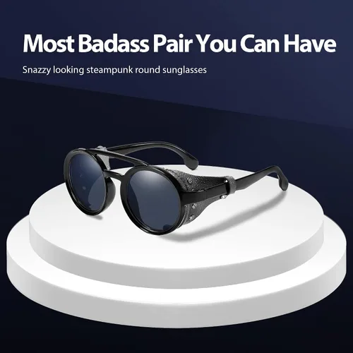 Vista 2 de Technigadgets Finnegan Steampunk - Lentes de sol retro para hombre y mujer, con escudo lateral de cuero, doble puente de plástico, marco de Negro