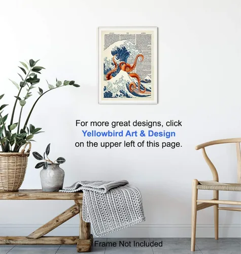Vista 5 de Arte de Pared Decorativo Diccionario Pulpo Ola Kanagawa Japonés - Decoración Retro para el Hogar Reciclada de 8x10 pulgadas para Oficina