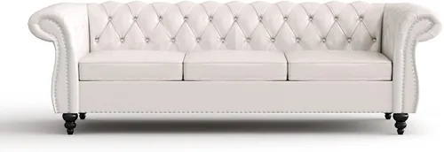 Vista 6 de Sofá grande de poliuretano, conjunto de sofá moderno, sofá clásico copetudo Chesterfield con respaldo copetudo para sala de estar (blanco 1+3)