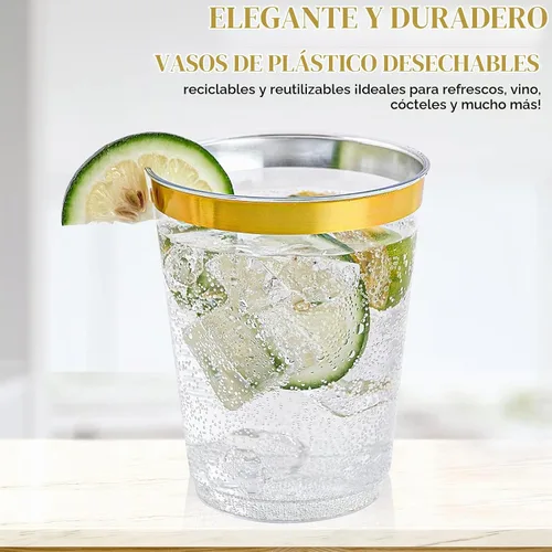 Vista 4 de FOCUSLINE Vasos de plástico dorado de 10 onzas, vasos desechables de plástico duro transparente, borde dorado, resistentes, reutilizables, 100