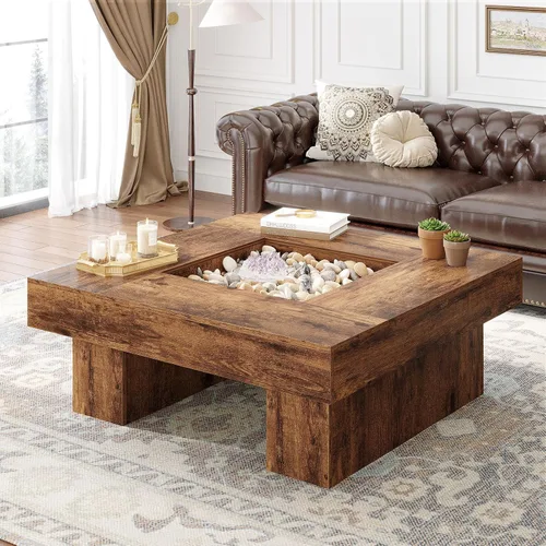 Vista 10 de LVB - Mesa de café negra, mesa de sala moderna de madera con LED y almacenamiento, mesa central única de gran tamaño y forma rectangular con luz