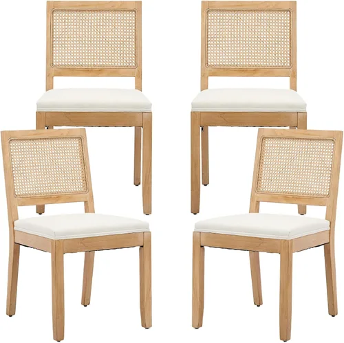 Vista 34 de ODUSE-DAILY Juego de 2 sillas de comedor French Country color beige, sillas de comedor de madera bohemia con respaldo tejido y asiento tapizado