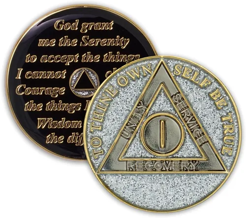 Vista 9 de Moneda de sobriedad de 1 año Ficha de aniversario de recuperación de chip AA con purpurina (aguamarina) Glitter Sparkle Alcoholics Anonymous 24k