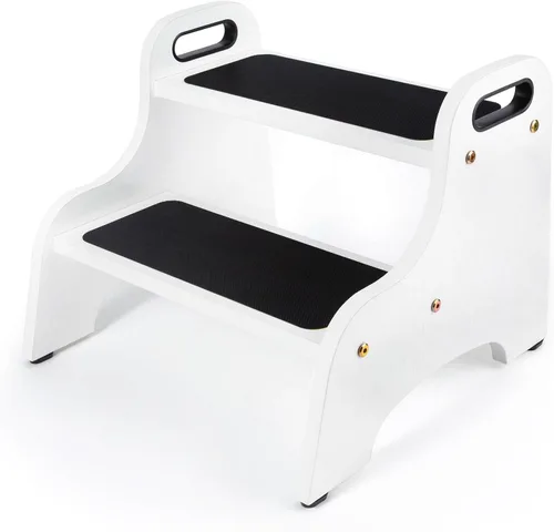 Vista 8 de StrongTek Paquete de 2 taburetes de madera de 2 escalones para niños y adultos, superficie antideslizante, almohadillas antideslizantes para pies