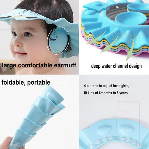 Vista 4 de Gorro de ducha para bebé, gorra de baño, visera de baño, protector de champú para lavado de cabello para niños, ajustable, impermeable, visera