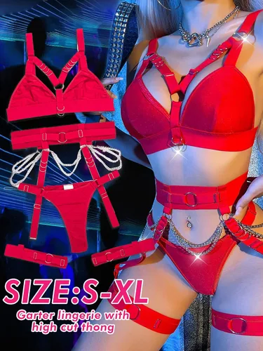 Vista 4 de popiv Conjunto de lencería de tirantes para mujer con cadena, liguero y medias, 4 piezas