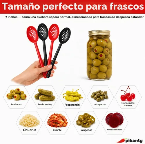 Vista 3 de Pikanty Cucharas de servir ranuradas de 7 pulgadas (paquete de 4), perfectas para aceitunas, encurtidos y condimentos, resistentes y versátiles