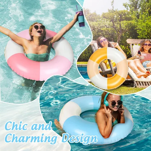 Vista 5 de JarThenaAMCS 4 flotadores inflables para piscina, 4 colores, anillos de natación retro a rayas, tubos de piscina para adultos, adolescentes, verano