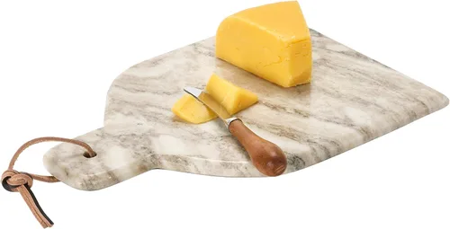 Vista 4 de Creative Co-Op Juego de 2 tablas de cortar y queso de mármol con asa, corbata de cuero y cuchillo canapé, pulidor