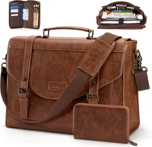 Vista 7 de RAINSMORE Bolso bandolera con solapa para hombre, de piel sintética vintage, estilo retro, de 15.6 pulgadas, con cartera, para laptop