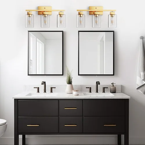 Vista 8 de PARTPHONER Lámparas de baño de 3 luces, luces de tocador modernas de oro cepillado, accesorios de iluminación de baño sobre el espejo, apliques
