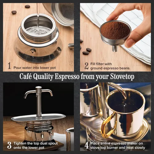 Vista 2 de Kings County Tools Cafetera de Café de Dos Bocas de 2 Tazas - Cafetera Espresso de Acero Inoxidable para Estufa - Máquina de Café Italiana