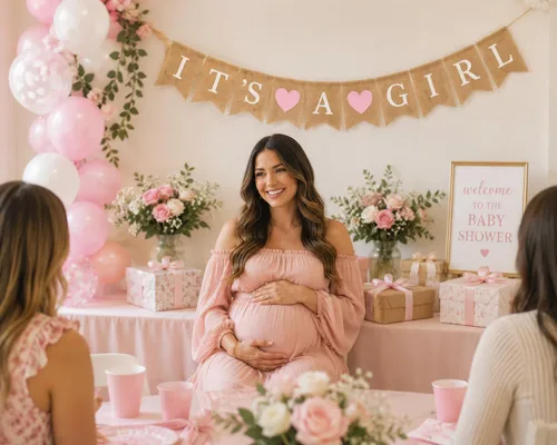 Vista 2 de Cartel de arpillera con texto en inglés "It's a Girl" para decoración de baby shower y fiesta de revelación de género (corazones rosa claro)
