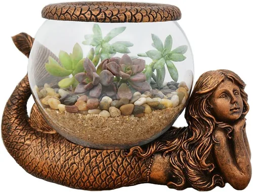 Vista 6 de Jarrón Decorativo de Sirena Mística – Acuario de Vidrio de 1 Galón, Terrario o Portavelas Figura de Sirena Antigua Dorada con Jarrón, Anillo