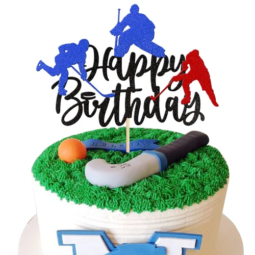 Vista 8 de 24 piezas de decoración de hockey para cupcakes, jugadores de hockey con purpurina negra, para cupcakes, hockey sobre hielo, temática deportiva