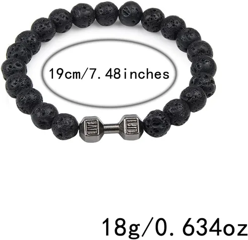 Vista 2 de Pulsera de mancuernas negra hecha a mano, para gimnasio, hermanos, fitness, piedra volcánica, piedra de lava volcánica, ajustable, pulsera