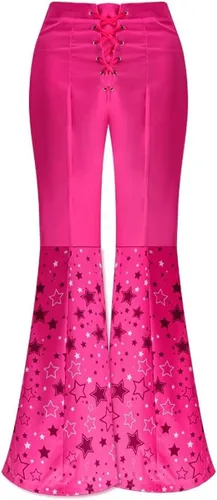 Vista 4 de Margot - Traje de cosplay de vaquera para mujeres y niñas, de los años 70 y 80, estilo hippie disco vintage, con sombrero, pantalón acampanado rosa