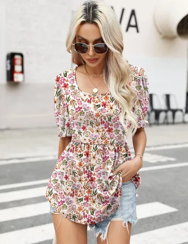Vista 4 de Widmile Blusa de manga abombada para mujer, estilo casual, cuello cuadrado, con estampado floral, con encaje