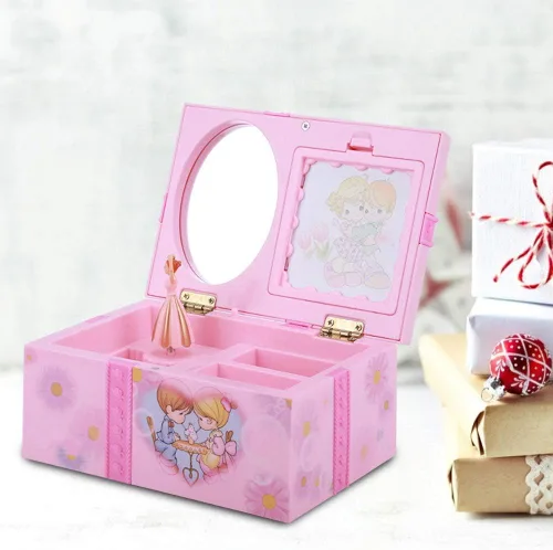 Vista 6 de Oumefar Caja de música bailarina, diseño de espejo, delicada caja de música rosa, caja de almacenamiento de joyería, bailarina, niña, para pendientes
