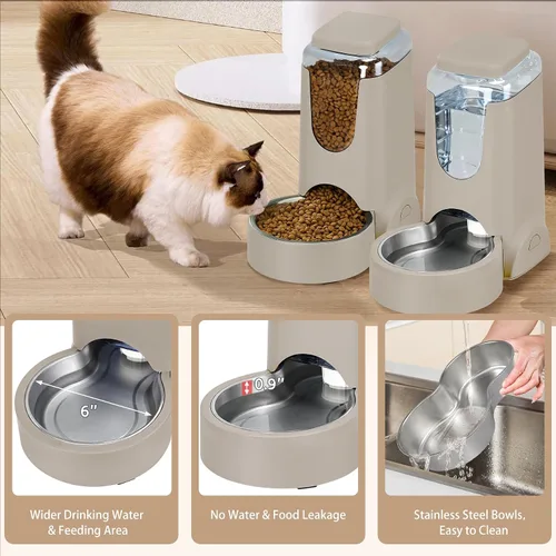 Vista 6 de Paquete de 2 alimentadores automáticos para gatos y dispensador de agua de acero inoxidable, juego de bebedero para perros por gravedad, juego