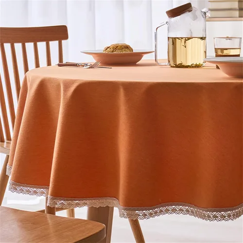 Vista 9 de Dimatic Mantel redondo con textura de lino con ribete de encaje, impermeable, a prueba de derrames, para decoración de mesa de cocina, comedor, Beige