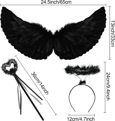 Vista 2 de Angel Wings and Halo Headband Set Black Feather Angel Wings Angel Halo Headband and Angel Wand for Kids Girls Halloween Party Costume