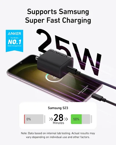 Vista 2 de Anker Cargador súper rápido USB-C de 25 W, cargador Anker (no plegable) con cable USBC, soporta carga rápida PPS para Samsung Galaxy S23 Negro