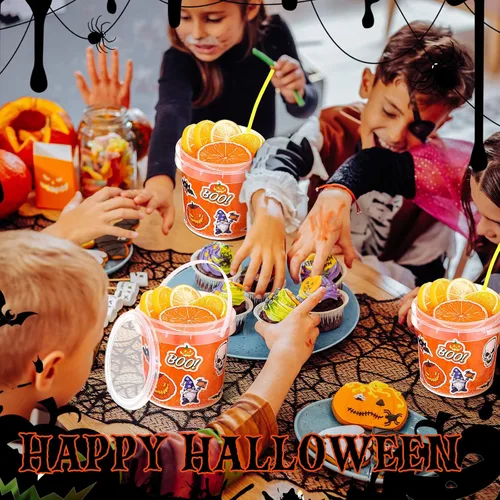 Vista 5 de Sliner 20 cubos pequeños para dulces de Halloween de 34 onzas, 100 calcomanías de terror, cubetas de ron de cóctel con tapa y asa para Halloween