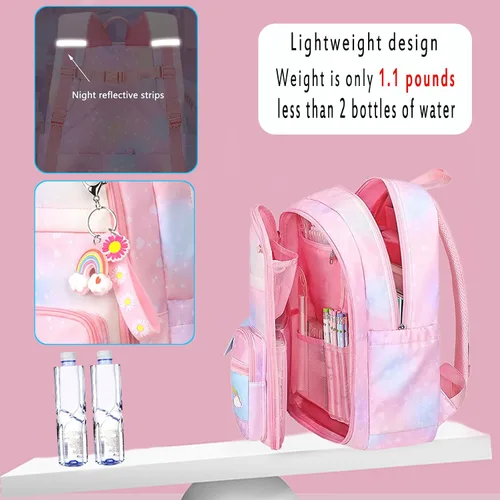 Vista 4 de Mochila kawaii, mochila rosa para niñas, mochila con diseño de arco iris estrellado para niños, bonita mochila para niños, mochila estética, azul