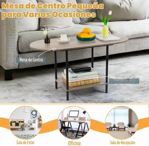 Vista 7 de Shinoske - Mesas de centro para sala de estar, mesa de centro de 2 niveles, mesa central ovalada pequeña de estilo industrial moderno con estante
