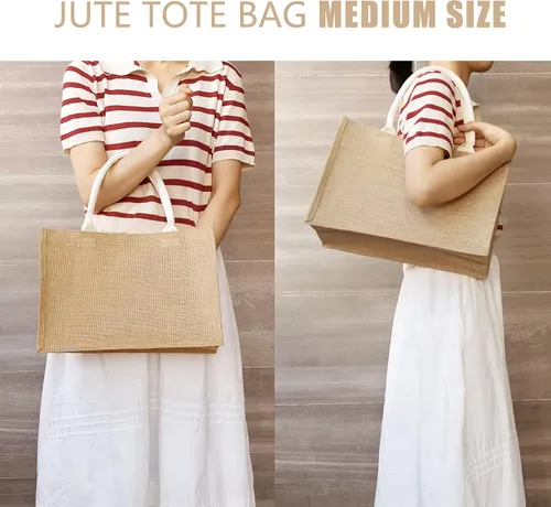 Vista 2 de Bolsas de viaje de yute, juego de 10 bolsas de arpillera, medianas de 14.5 x 6.7 x 10.2 pulgadas, bolsa reutilizable para fiestas, bodas, playa