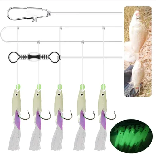 Vista 5 de NA - 8 paquetes/40 ganchos tamaño 1 #/2 #/3 #/4 # luminoso Sabiki aparejos de pesca intermitentes señuelos de cebo aparejos de cebo de piel de pez