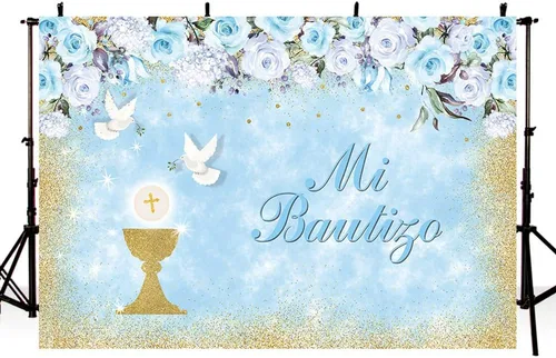 Vista 2 de MEHOFOND Mi Bautizo - Telón de fondo para fiesta de bautismo para niños, fondo de fotografía de fondo dorado con texto en inglés "Bless Bles", Azul