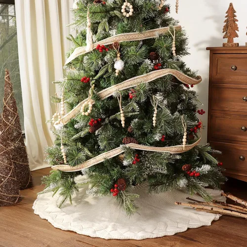 Vista 4 de Falda de Árbol de Navidad de 36 Pulgadas: Falda de Árbol de Lápiz para Árbol de 6 Pies, Falda de Árbol Tejida en Trenzado de Canasta Crema Blanca