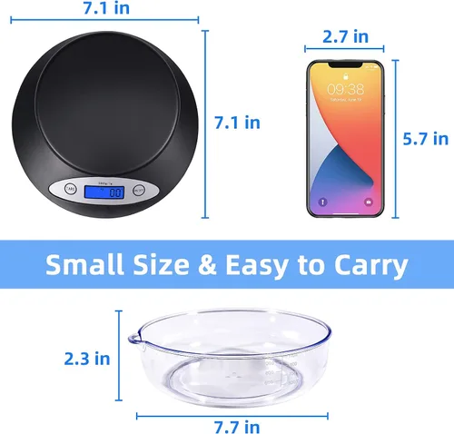 Vista 7 de THINKSCALE - Báscula de cocina de 11 libras con cuenco, LCD retroiluminado de 1 g/0.1 oz para hornear Digital Food Scale 5kg, Min 3g Start, Grams