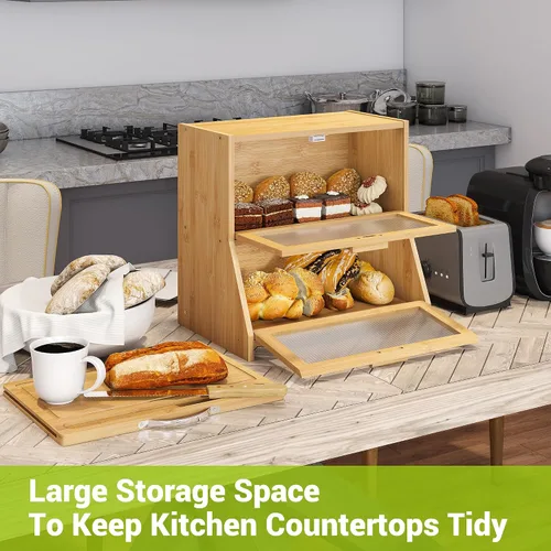 Vista 3 de BMOSU Panera grande de doble capa con tabla de cortar para encimera de cocina, panera con ventana de vidrio esmerilado de bambú (natural)