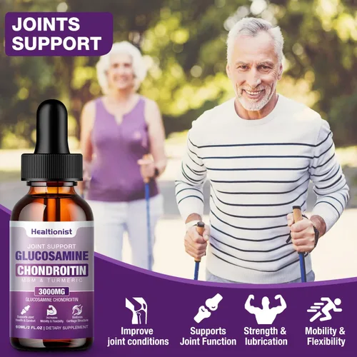 Vista 4 de 1 paquete de gotas líquidas de glucosamina condroitina MSM, suplemento de apoyo articular extra fuerte para adultos, hombres y mujeres, quercetina