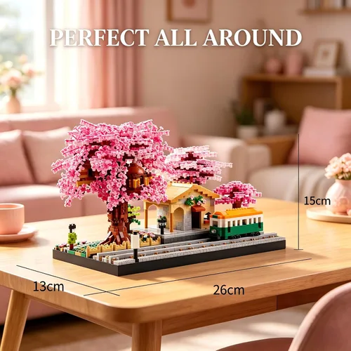 Vista 4 de Juego de bloques de construcción de micro bloques de construcción japoneses de cerezo en flor para adultos, modelo de mini ladrillos, casa