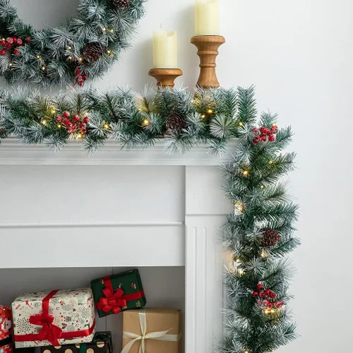 Vista 10 de Glitzhome - Guirnalda de Navidad de 9 pies con luces, guirnalda de Navidad para repisa, guirnalda de Navidad artificial preiluminada con conos