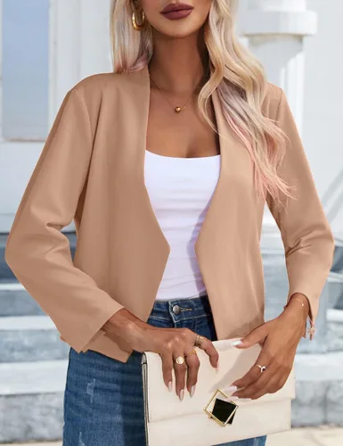 Vista 3 de KOJOOIN Blazer corto casual de otoño 2023 para mujer, manga 34, frente abierto, ligero, para trabajo, oficina, chaqueta bolero