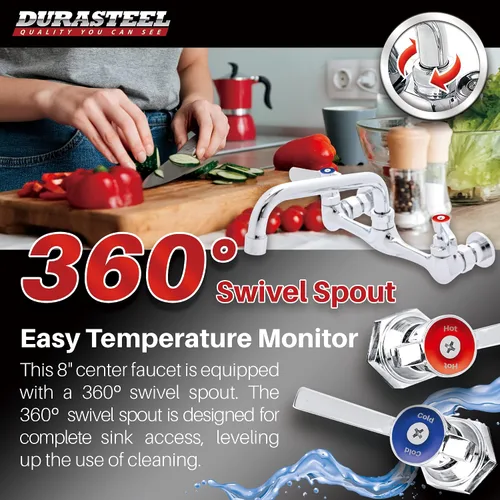 Vista 4 de DuraSteel Grifo de Fregadero Comercial - NSF Sin Plomo de 8" Centro Grifo Comercial de Montaje en Pared para Cocina con Caño Giratorio de 6 Pulgadas