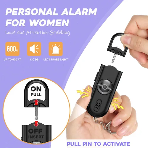 Vista 2 de Alarma personal para mujeres y niñas, sirena fuerte, luz 2 en 1, alarma de sonido segura, altavoces dobles que ayudan a los niños, llamada