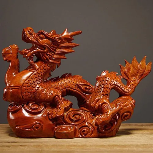 Vista 2 de Veemoon Estatua de madera de dragón chino Fengshui, 3.9 in, mini rojo 2024 Año del Dragón, escultura tallada a mano para decoración de estantes