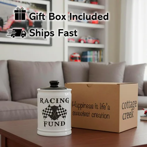 Vista 8 de Regalos para hombres, alcancía de fondo de carreras, tarro de cerámica de caramelo de carreras con tapa, regalos únicos para auto, regalos