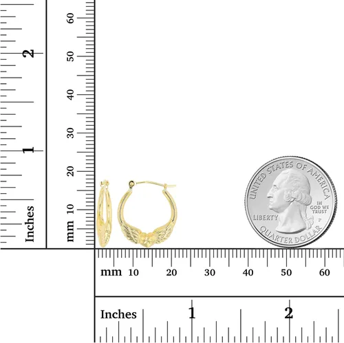 Vista 13 de Aretes de aro de oro amarillo de 14 quilates con múltiples formas de cierre con bisagras, alas y corazón, paloma y querubín, aretes de oro macizo